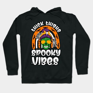 Funny Thick Thighs & Spooky Vibes Skull Messy Bun Halloween Hoodie